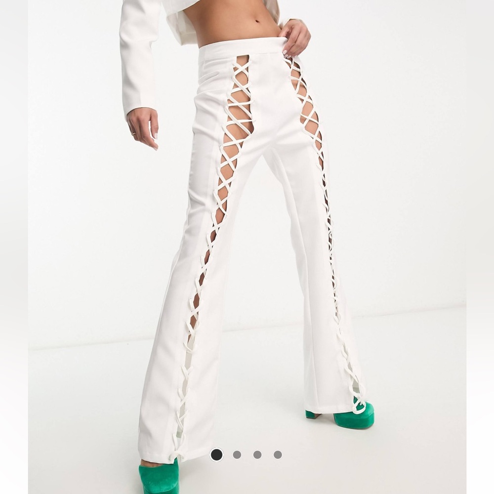 Lace front flare leg pants white